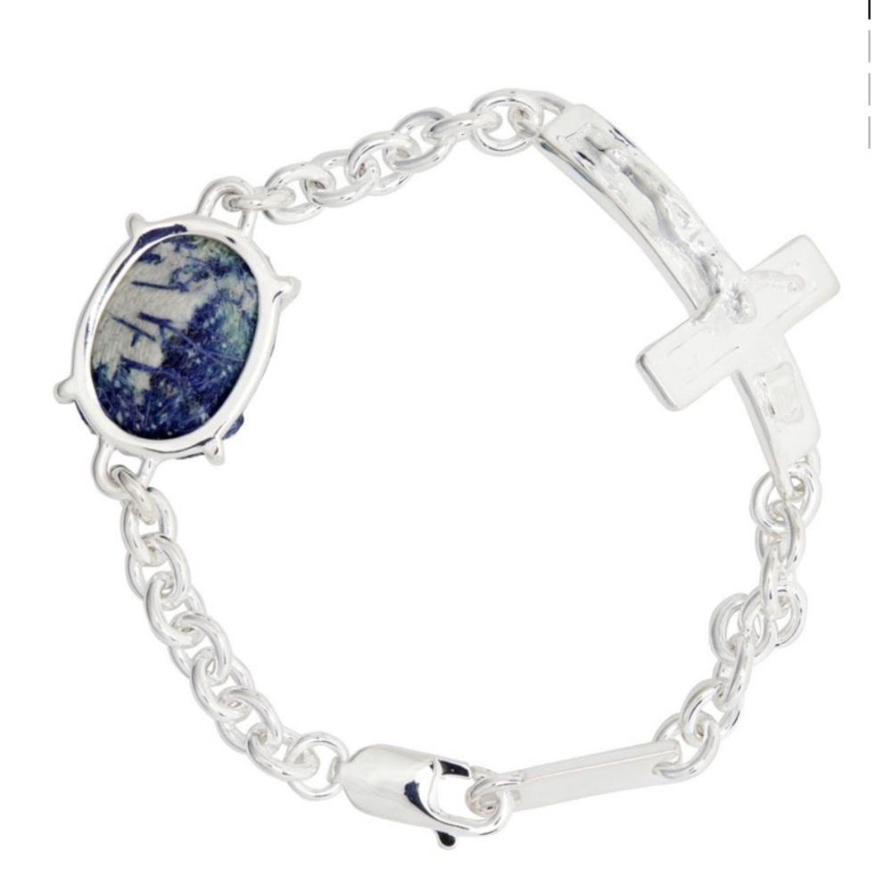 Sweetlimejuice Silver Crucifix Oval Zong Bracelet / Blue Denim Nwt Uni